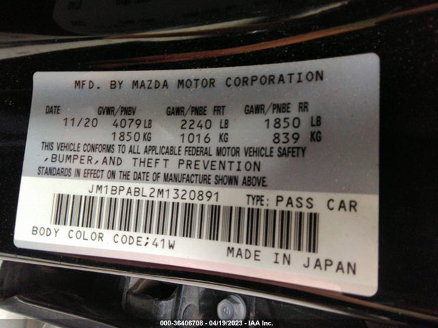 2021 MAZDA MAZDA3 SEDAN SELECT VIN: JM1BPABL2M1320891