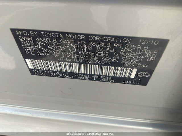 2011 LEXUS ES 350 VIN: JTHBK1EG1B2436019