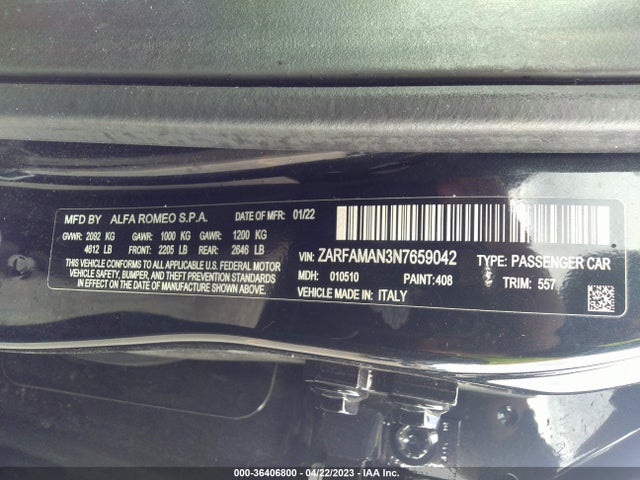 2022 Alfa Romeo Giulia, VIN: ZARFAMAN3N7659042