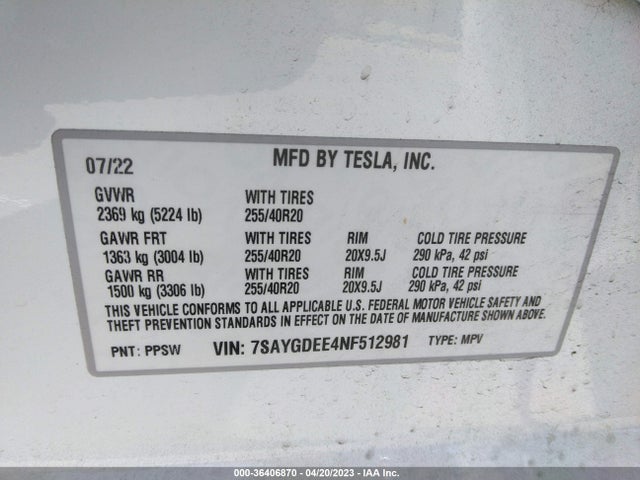 7SAYGDEE4NF512981 Tesla Model Y Long Range
