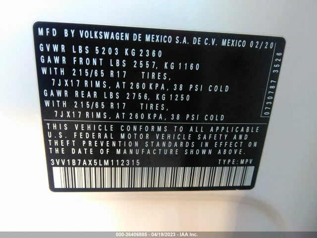 3VV1B7AX5LM112315 Volkswagen TIGUAN S