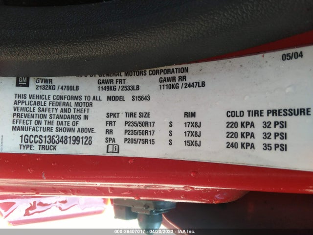 2004 CHEVROLET COLORADO 1SH LS ZQ8 VIN: 1GCCS136348199128