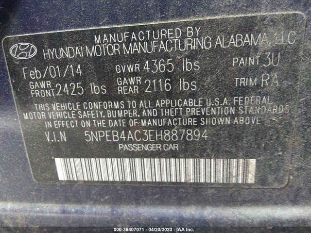 2014 HYUNDAI SONATA GLS VIN: 5NPEB4AC3EH887894