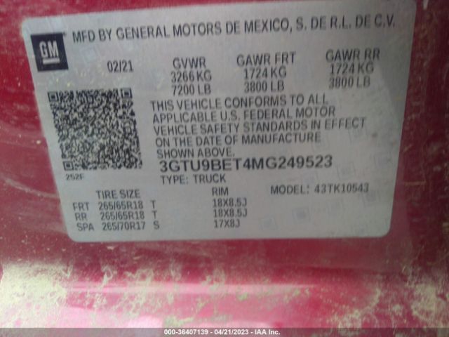 3GTU9BET4MG249523 GMC Sierra 1500 Sle