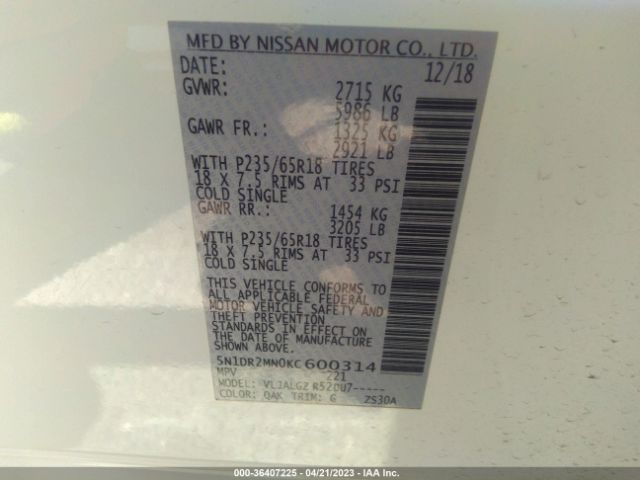 5N1DR2MN0KC600314 Nissan Pathfinder Sl