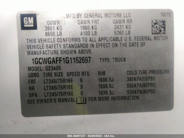 2016 CHEVROLET EXPRESS CARGO VAN VIN: 1GCWGAFF1G1162697