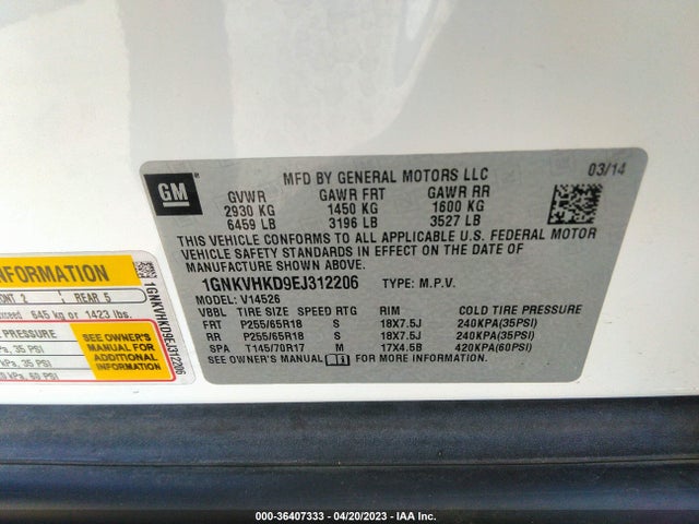 Chevrolet Traverse Lt 2014 1GNKVHKD9EJ312206 Image 10