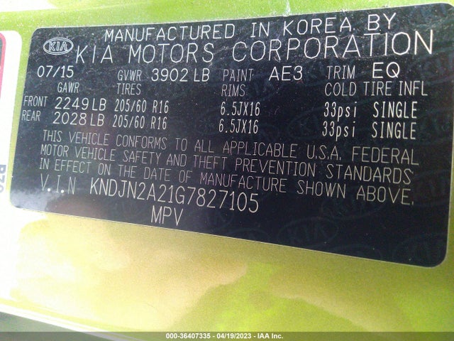 KIA Soul Base 2016 KNDJN2A21G7827105 Image 9
