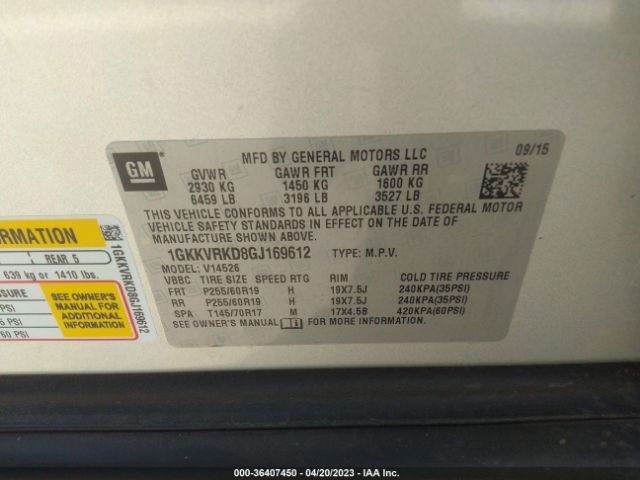 1GKKVRKD8GJ169612 GMC ACADIA SLT