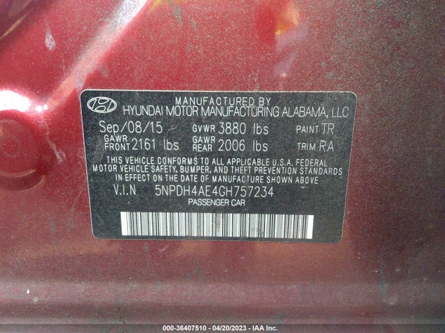 2016 HYUNDAI ELANTRA SE VIN: 5NPDH4AE4GH757234