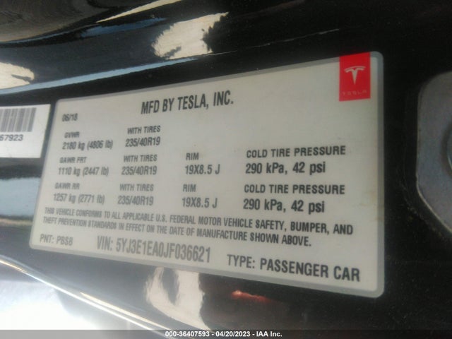 Tesla Model 3 Range Battery 2018 5YJ3E1EA0JF036621 Image 9