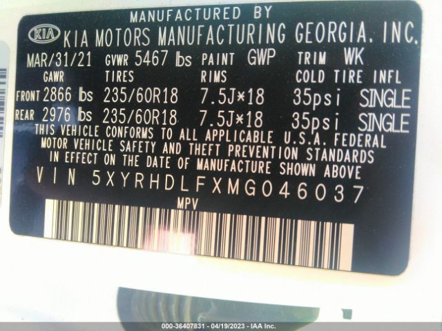 5XYRHDLFXMG046037 KIA SORENTO EX
