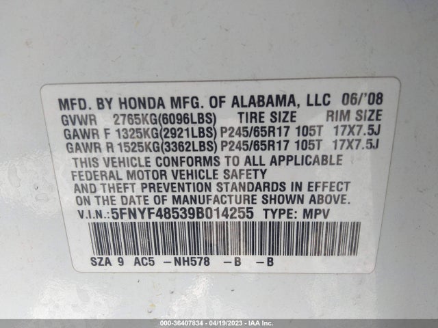 2009 HONDA PILOT EX-L VIN: 5FNYF48539B014255