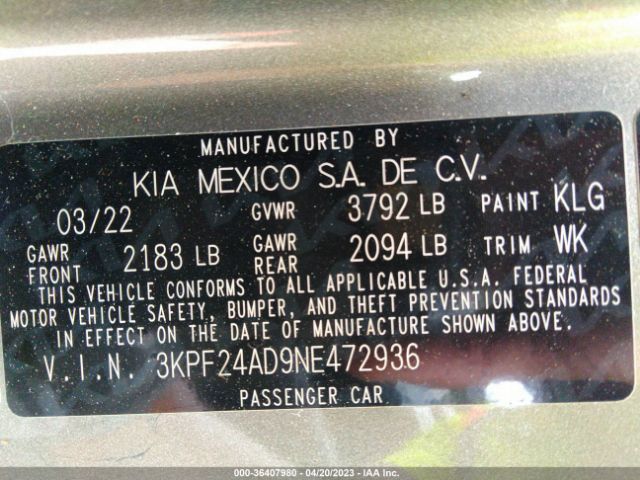 3KPF24AD9NE472936 KIA Forte Lxs
