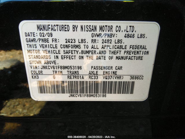 2009 INFINITI G37 SEDAN X VIN: JNKCV61F89M053196