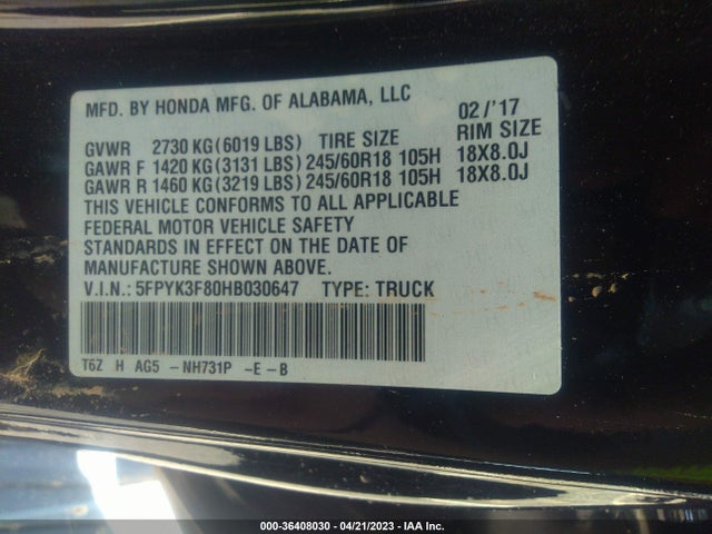 Honda Ridgeline Black Edition 2017 5FPYK3F80HB030647 Image 9