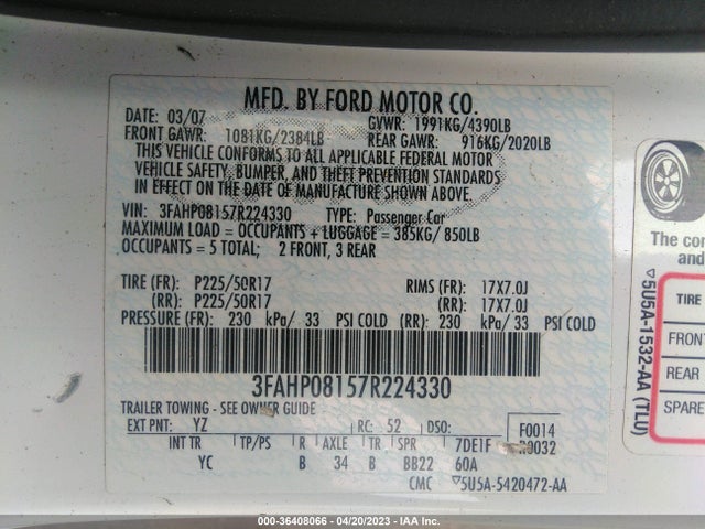 2007 FORD FUSION SEL VIN: 3FAHP08157R224330