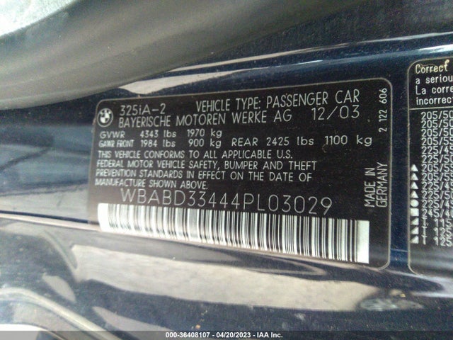 2004 BMW 3 SERIES 325CI VIN: WBABD33444PL03029