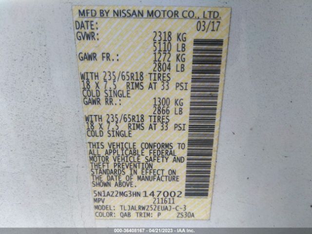 5N1AZ2MG3HN147002 Nissan MURANO SL