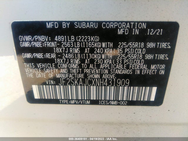 2022 SUBARU FORESTER SPORT VIN: JF2SKAJCXNH431909