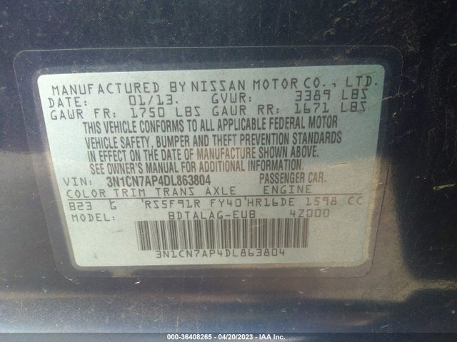36408265 :رقم المزاد ، 3N1CN7AP4DL863804 vin ، 2013 Nissan Versa S مزاد بيع