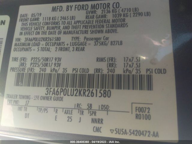 3FA6P0LU2KR261580 Ford Fusion Hybrid Se