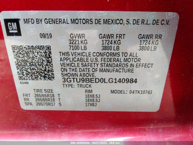 3GTU9BED0LG140984 GMC Sierra 1500 Sle