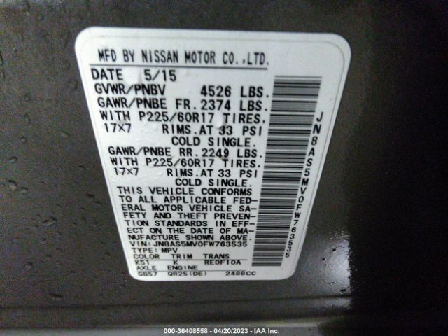 JN8AS5MV0FW763535 Nissan Rogue Select S