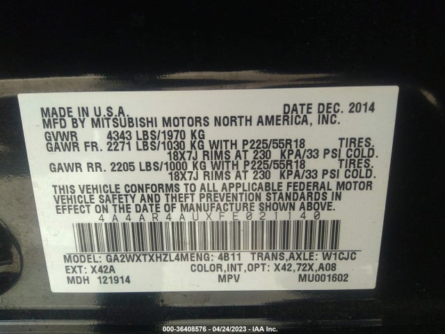 4A4AR4AUXFE021140 Mitsubishi Outlander Sport Se
