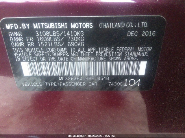 2017 MITSUBISHI MIRAGE G4 ES VIN: ML32F3FJ1HHF18548