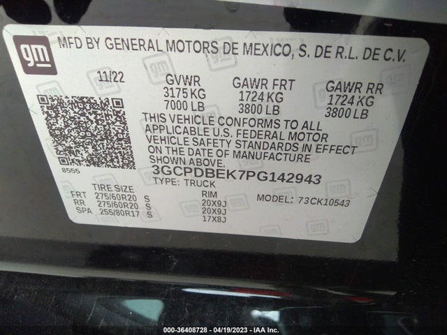 2023 CHEVROLET SILVERADO 1500 CUSTOM VIN: 3GCPDBEK7PG142943