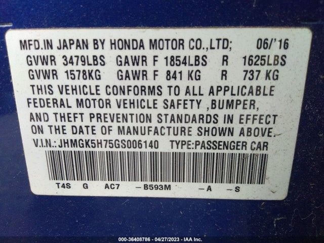 Honda FIT EX 2016 JHMGK5H75GS006140 Image 9