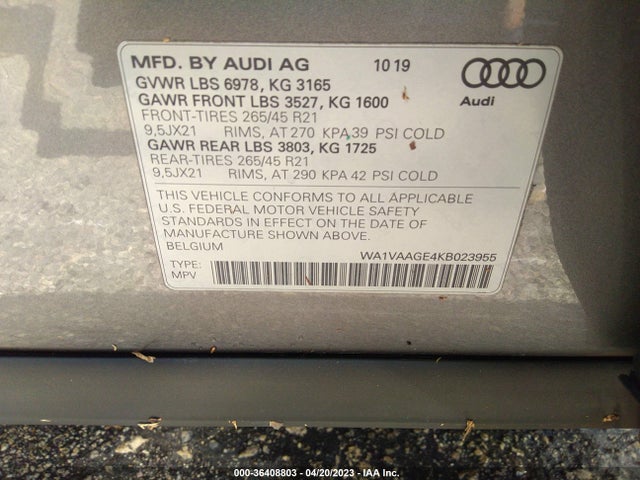 2019 Audi e-tron, VIN: WA1VAAGE4KB023955