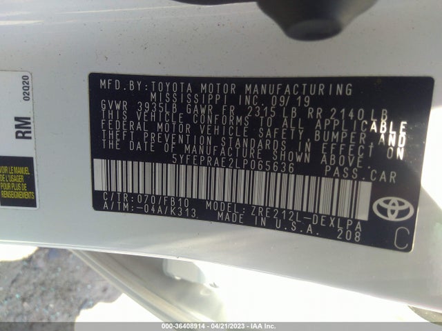 2020 TOYOTA COROLLA LE VIN: 5YFEPRAE2LP065636