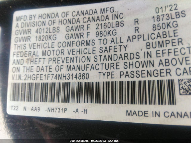 2022 HONDA CIVIC SEDAN EX VIN: 2HGFE1F74NH314860