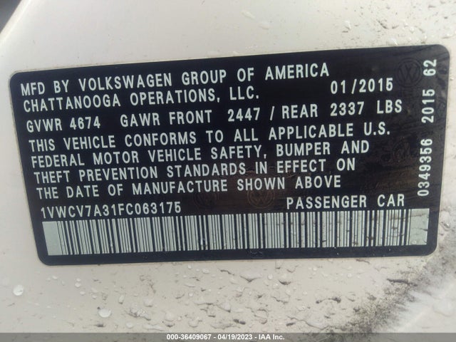 1VWCV7A31FC063175 Volkswagen Passat 2.0l Tdi Sel Premium