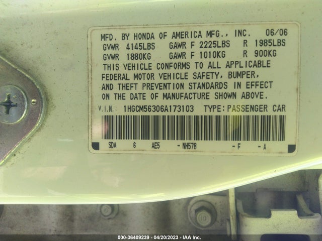 2006 HONDA ACCORD SDN LX SE VIN: 1HGCM56306A173103