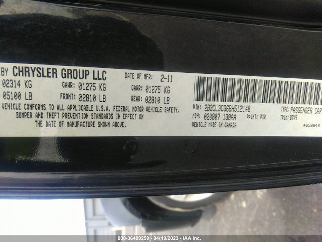 2011 DODGE CHARGER SE VIN: 2B3CL3CG6BH512148