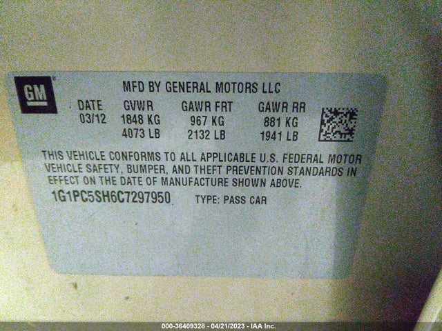 2012 CHEVROLET CRUZE LS VIN: 1G1PC5SH6C7297950
