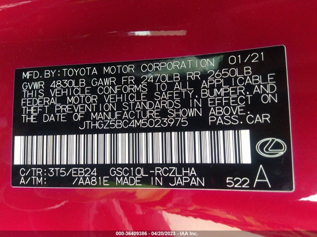 2021 Lexus RC, VIN: JTHGZ5BC4M5023975