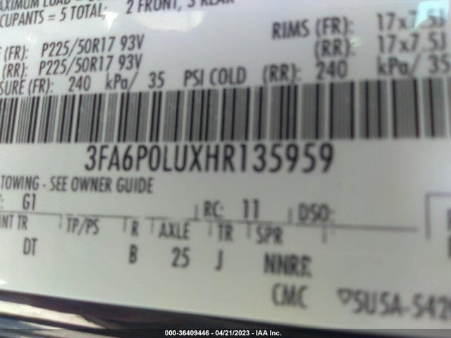 3FA6P0LUXHR135959 Ford Fusion Hybrid Se