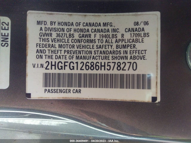 2006 HONDA CIVIC CPE LX VIN: 2HGFG12686H578270