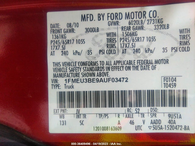 2010 Ford Explorer Sport Trac Xlt მანქანა იყიდება აუქციონზე, vin: 1FMEU3BE9AUF03472, აუქციონის ნომერი: 36409496