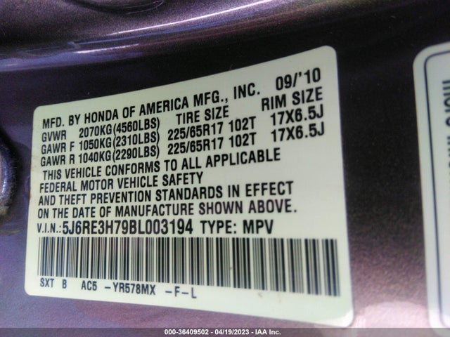 2011 HONDA CR-V EX-L VIN: 5J6RE3H79BL003194