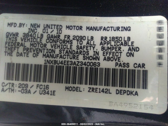 2010 TOYOTA COROLLA VIN: 1NXBU4EE3AZ340063