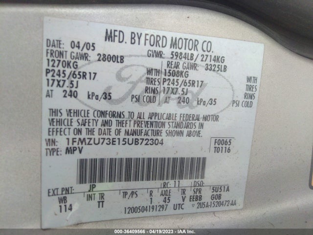 2005 FORD EXPLORER XLT VIN: 1FMZU73E15UB72304