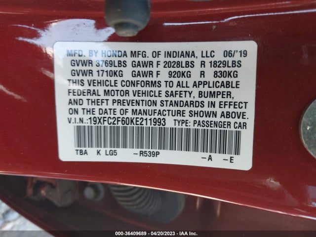 2019 HONDA CIVIC SEDAN LX VIN: 19XFC2F60KE211993