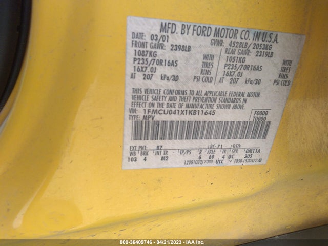 2001 FORD ESCAPE XLT VIN: 1FMCU041X1KB11645