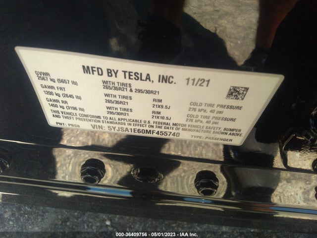 Tesla Model S Plaid 2021 5YJSA1E60MF455740 Image 11