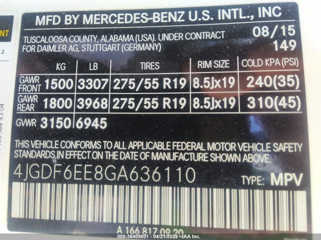 2016 Mercedes-Benz GL-Class, VIN: 4JGDF6EE8GA636110